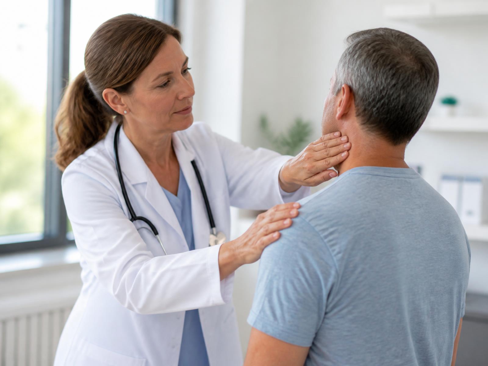 Physician examining a patient's neck during a post-accident medical evaluation